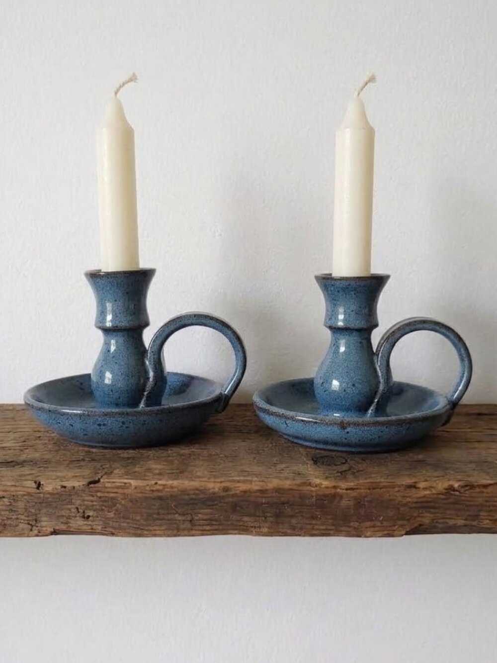 Vintage Blue Speckled Pottery Chamberstick Taper Candle Holders Pair Primitive
